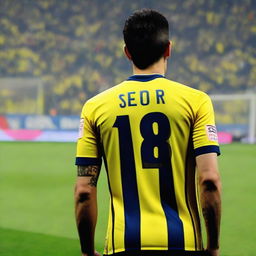 Rear view of 'ÇELEN' stepping onto the pitch at Fenerbahçe Ülker Stadium in a yellow and navy blue striped jersey, number 68, with a swallow tattoo on his arm.