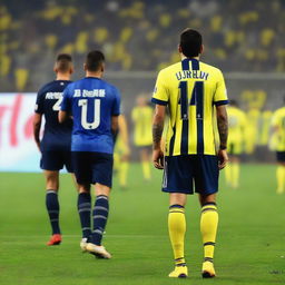 Rear view of 'ÇELEN' stepping onto the pitch at Fenerbahçe Ülker Stadium in a yellow and navy blue striped jersey, number 68, with a swallow tattoo on his arm.