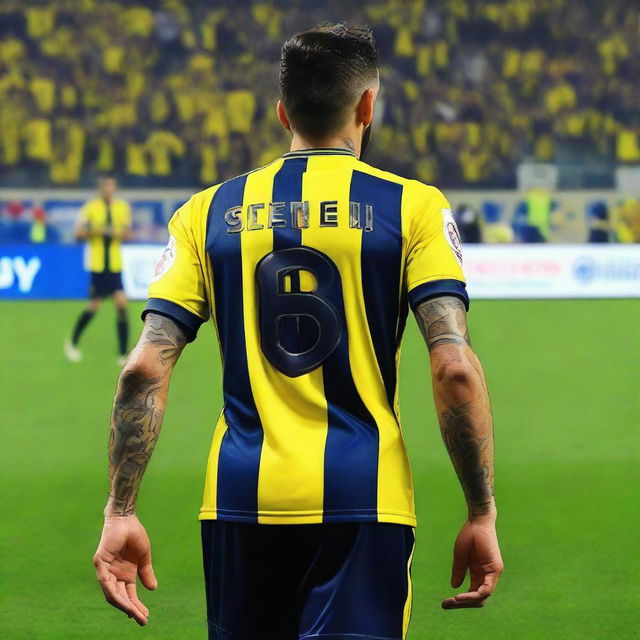 Rear view of 'ÇELEN' stepping onto the pitch at Fenerbahçe Ülker Stadium in a yellow and navy blue striped jersey, number 68, with a swallow tattoo on his arm.