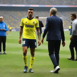 Behind 'ÇELEN' taking the inaugural step onto Fenerbahçe Ülker Stadium's pitch, wearing his yellow and navy blue striped jersey with the number '68', and a swallow tattoo visible on his arm.