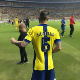 Behind 'ÇELEN' taking the inaugural step onto Fenerbahçe Ülker Stadium's pitch, wearing his yellow and navy blue striped jersey with the number '68', and a swallow tattoo visible on his arm.