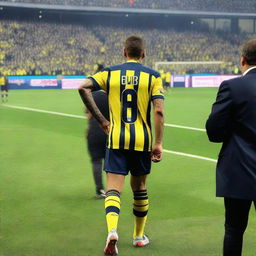 Behind 'ÇELEN' taking the inaugural step onto Fenerbahçe Ülker Stadium's pitch, wearing his yellow and navy blue striped jersey with the number '68', and a swallow tattoo visible on his arm.