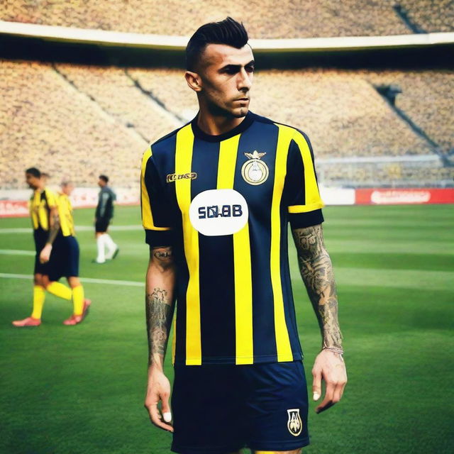 Behind 'ÇELEN' taking the inaugural step onto Fenerbahçe Ülker Stadium's pitch, wearing his yellow and navy blue striped jersey with the number '68', and a swallow tattoo visible on his arm.