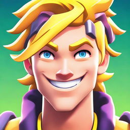 2D anime-style close-up of a smiling Jonesy from Fortnite, displaying expressive facial features and energetic, vibrant colors.