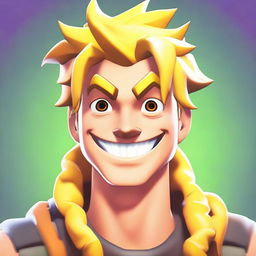 2D anime-style close-up of a smiling Jonesy from Fortnite, displaying expressive facial features and energetic, vibrant colors.