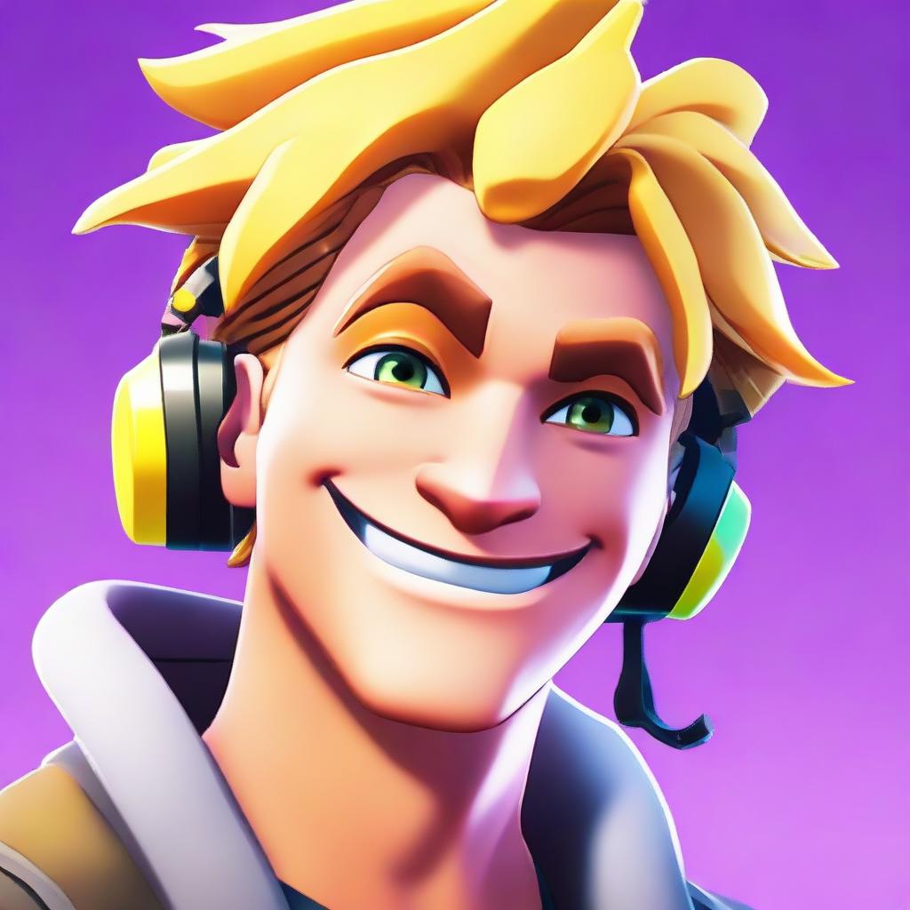 2D anime-style close-up of a smiling Jonesy from Fortnite, displaying expressive facial features and energetic, vibrant colors.