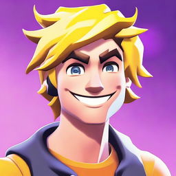 2D anime-style close-up of a smiling Jonesy from Fortnite, displaying expressive facial features and energetic, vibrant colors.