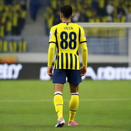 Back view of a player named 'ÇELEN' taking his first step on the pitch at Fenerbahçe Ülker Stadium, donned in a yellow and navy blue striped jersey with number '68', showcasing a swallow tattoo on his arm.