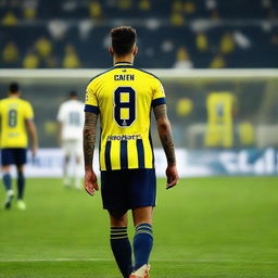 Back view of a player named 'ÇELEN' taking his first step on the pitch at Fenerbahçe Ülker Stadium, donned in a yellow and navy blue striped jersey with number '68', showcasing a swallow tattoo on his arm.