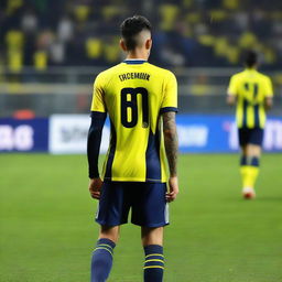 Back view of a player named 'ÇELEN' taking his first step on the pitch at Fenerbahçe Ülker Stadium, donned in a yellow and navy blue striped jersey with number '68', showcasing a swallow tattoo on his arm.