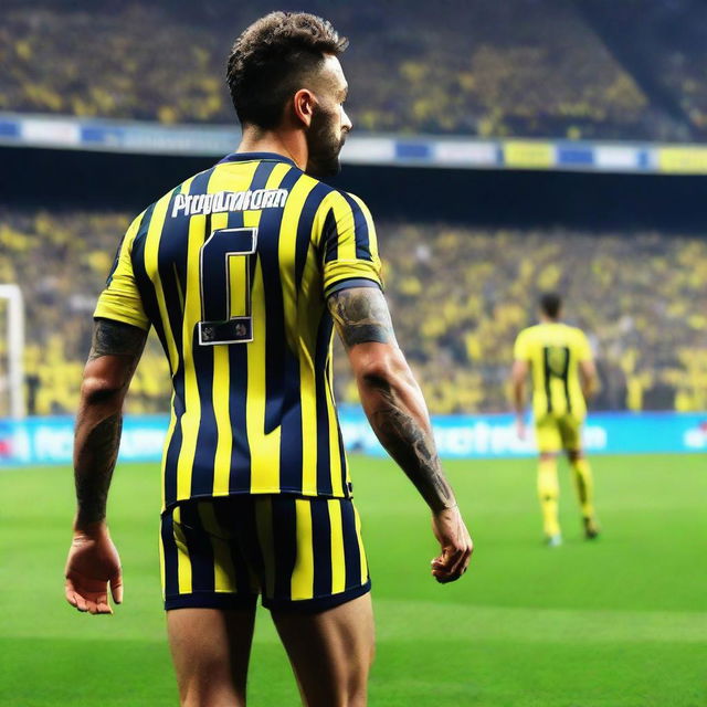 Back view of 'CELEN' taking the first step onto the field at Fenerbahçe Ülker Stadium, wearing a striped jersey numbered 68, a swallow tattoo on his arm, and displaying large, powerful leg muscles.