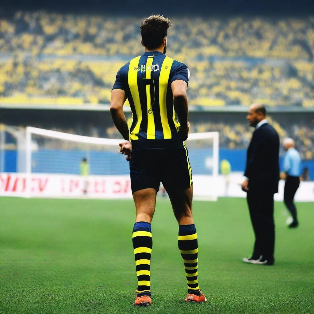 Back view of 'CELEN' taking the first step onto the field at Fenerbahçe Ülker Stadium, wearing a striped jersey numbered 68, a swallow tattoo on his arm, and displaying large, powerful leg muscles.