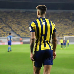 Back view of 'CELEN' taking the first step onto the field at Fenerbahçe Ülker Stadium, wearing a striped jersey numbered 68, a swallow tattoo on his arm, and displaying large, powerful leg muscles.