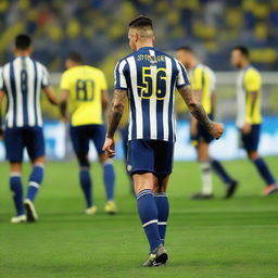 Back view of 'CELEN' taking the first step onto the field at Fenerbahçe Ülker Stadium, wearing a striped jersey numbered 68, a swallow tattoo on his arm, and displaying large, powerful leg muscles.