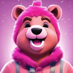 2D animated style close-up of Fortnite's Cuddle Team Leader Bear, delivering a charming smile with expressive eyes, pink fur, and vibrant colors.