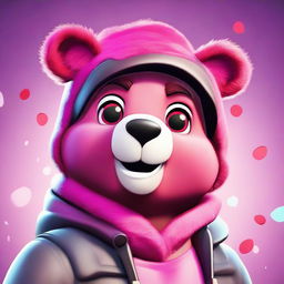 2D animated style close-up of Fortnite's Cuddle Team Leader Bear, delivering a charming smile with expressive eyes, pink fur, and vibrant colors.