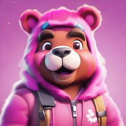 2D animated style close-up of Fortnite's Cuddle Team Leader Bear, delivering a charming smile with expressive eyes, pink fur, and vibrant colors.