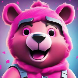 2D animated style close-up of Fortnite's Cuddle Team Leader Bear, delivering a charming smile with expressive eyes, pink fur, and vibrant colors.