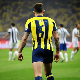 From behind, 'CELEN' stepping onto the field at Fenerbahçe Ülker Stadium in a striped jersey with the number 68, revealing a swallow tattoo on his arm and impressively large leg muscles.