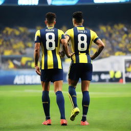 From behind, 'CELEN' stepping onto the field at Fenerbahçe Ülker Stadium in a striped jersey with the number 68, revealing a swallow tattoo on his arm and impressively large leg muscles.