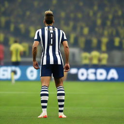 From behind, 'CELEN' stepping onto the field at Fenerbahçe Ülker Stadium in a striped jersey with the number 68, revealing a swallow tattoo on his arm and impressively large leg muscles.