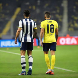 From behind, 'CELEN' stepping onto the field at Fenerbahçe Ülker Stadium in a striped jersey with the number 68, revealing a swallow tattoo on his arm and impressively large leg muscles.