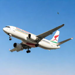 An image of a Royal Air Maroc airplane captured mid-flight, showcasing the airline's logo prominently on the body against a clear blue sky.