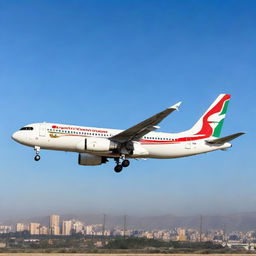 An image of a Royal Air Maroc airplane captured mid-flight, showcasing the airline's logo prominently on the body against a clear blue sky.