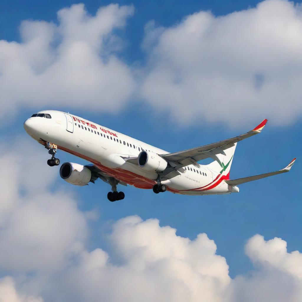 An image of a Royal Air Maroc airplane captured mid-flight, showcasing the airline's logo prominently on the body against a clear blue sky.