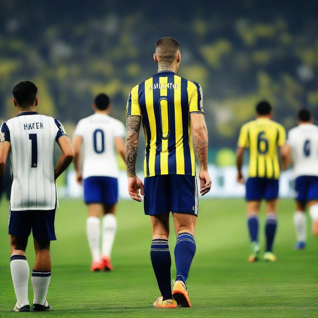 Rear view of 'CELEN' making his inaugural step onto Fenerbahçe Ülker Stadium's field, wearing a striped jersey with number 68, a swallow tattoo on his arm, visible with his large leg muscles.