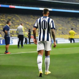 Rear view of 'CELEN' making his inaugural step onto Fenerbahçe Ülker Stadium's field, wearing a striped jersey with number 68, a swallow tattoo on his arm, visible with his large leg muscles.