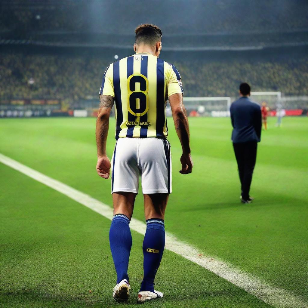 Rear view of 'CELEN' making his inaugural step onto Fenerbahçe Ülker Stadium's field, wearing a striped jersey with number 68, a swallow tattoo on his arm, visible with his large leg muscles.