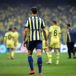 Rear view of 'CELEN' making his inaugural step onto Fenerbahçe Ülker Stadium's field, wearing a striped jersey with number 68, a swallow tattoo on his arm, visible with his large leg muscles.