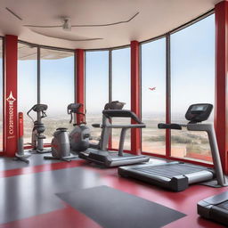 A modern gym facility branded with Royal Air Maroc's logo and colors, featuring high-end exercise equipment and panoramic windows with views of airplanes.