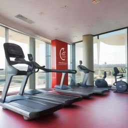 A modern gym facility branded with Royal Air Maroc's logo and colors, featuring high-end exercise equipment and panoramic windows with views of airplanes.