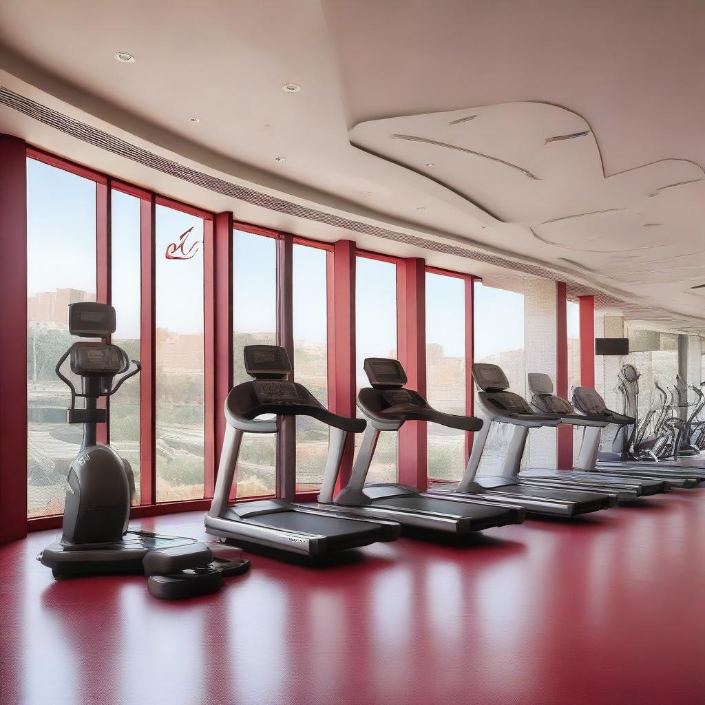 A modern gym facility branded with Royal Air Maroc's logo and colors, featuring high-end exercise equipment and panoramic windows with views of airplanes.