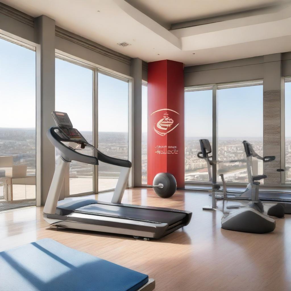 A modern gym facility branded with Royal Air Maroc's logo and colors, featuring high-end exercise equipment and panoramic windows with views of airplanes.