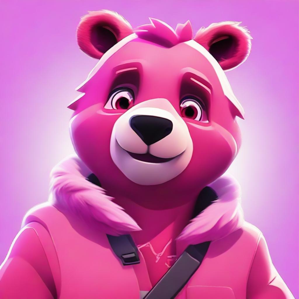 Cuddle Team Leader bear from Fortnite in 2D animated style, delivering a close-up charming smile with expressive eyes, pink fur, and vibrant colors.