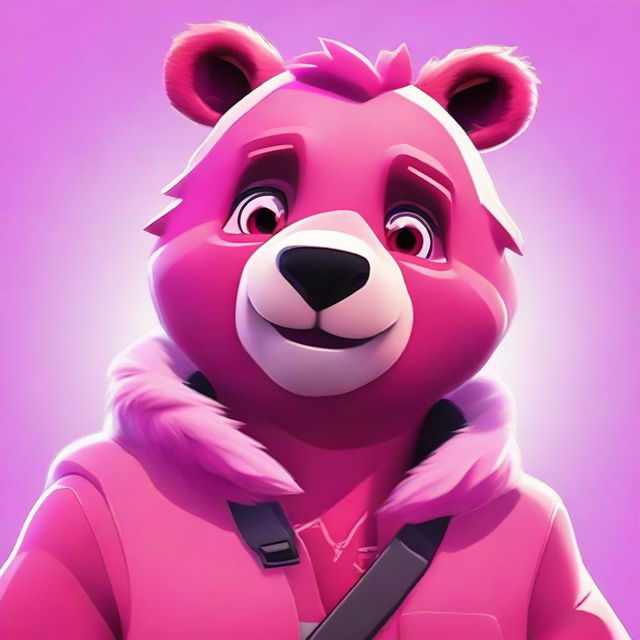 Cuddle Team Leader bear from Fortnite in 2D animated style, delivering a close-up charming smile with expressive eyes, pink fur, and vibrant colors.