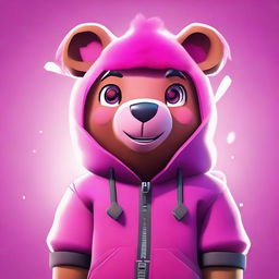 Cuddle Team Leader bear from Fortnite in 2D animated style, delivering a close-up charming smile with expressive eyes, pink fur, and vibrant colors.