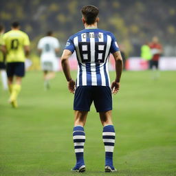 From behind, 'CELEN' stepping onto the field at Fenerbahçe Ülker Stadium, donned in a striped jersey with 'ÇELEN' written, the number 68, a swallow tattoo on his arm, and display of large leg muscles.