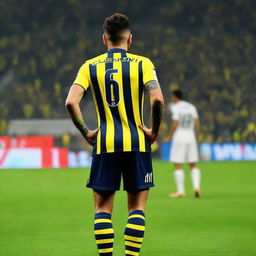 From behind, 'CELEN' stepping onto the field at Fenerbahçe Ülker Stadium, donned in a striped jersey with 'ÇELEN' written, the number 68, a swallow tattoo on his arm, and display of large leg muscles.