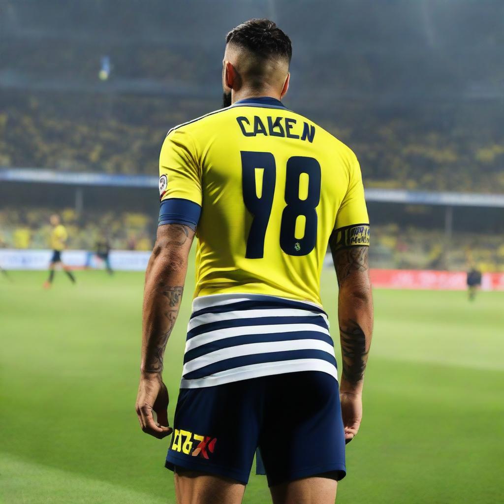 From behind, 'CELEN' stepping onto the field at Fenerbahçe Ülker Stadium, donned in a striped jersey with 'ÇELEN' written, the number 68, a swallow tattoo on his arm, and display of large leg muscles.