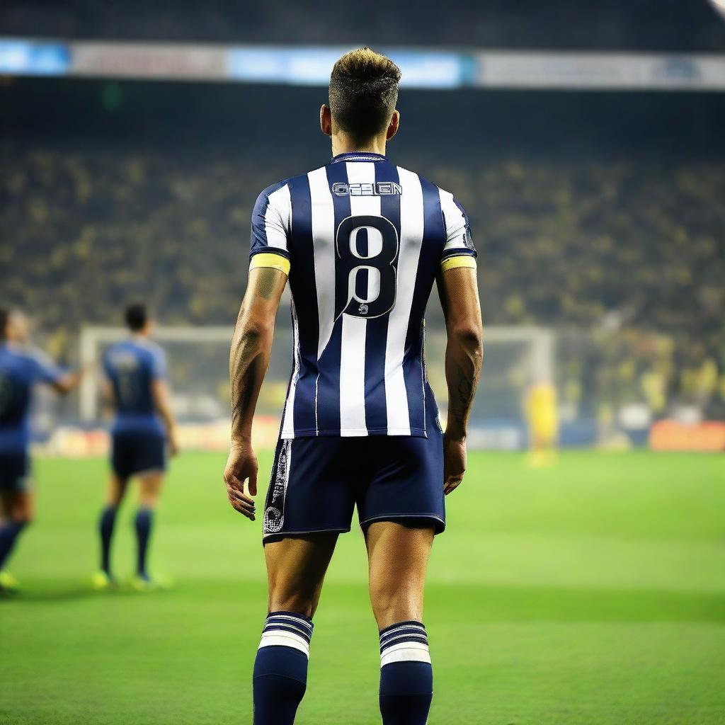 From behind, 'CELEN' stepping onto the field at Fenerbahçe Ülker Stadium, donned in a striped jersey with 'ÇELEN' written, the number 68, a swallow tattoo on his arm, and display of large leg muscles.