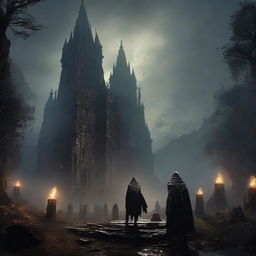 An immersive and atmospheric scene depicting Elden Ring, highlighting its mysterious, dark fantasy setting and unique characters.