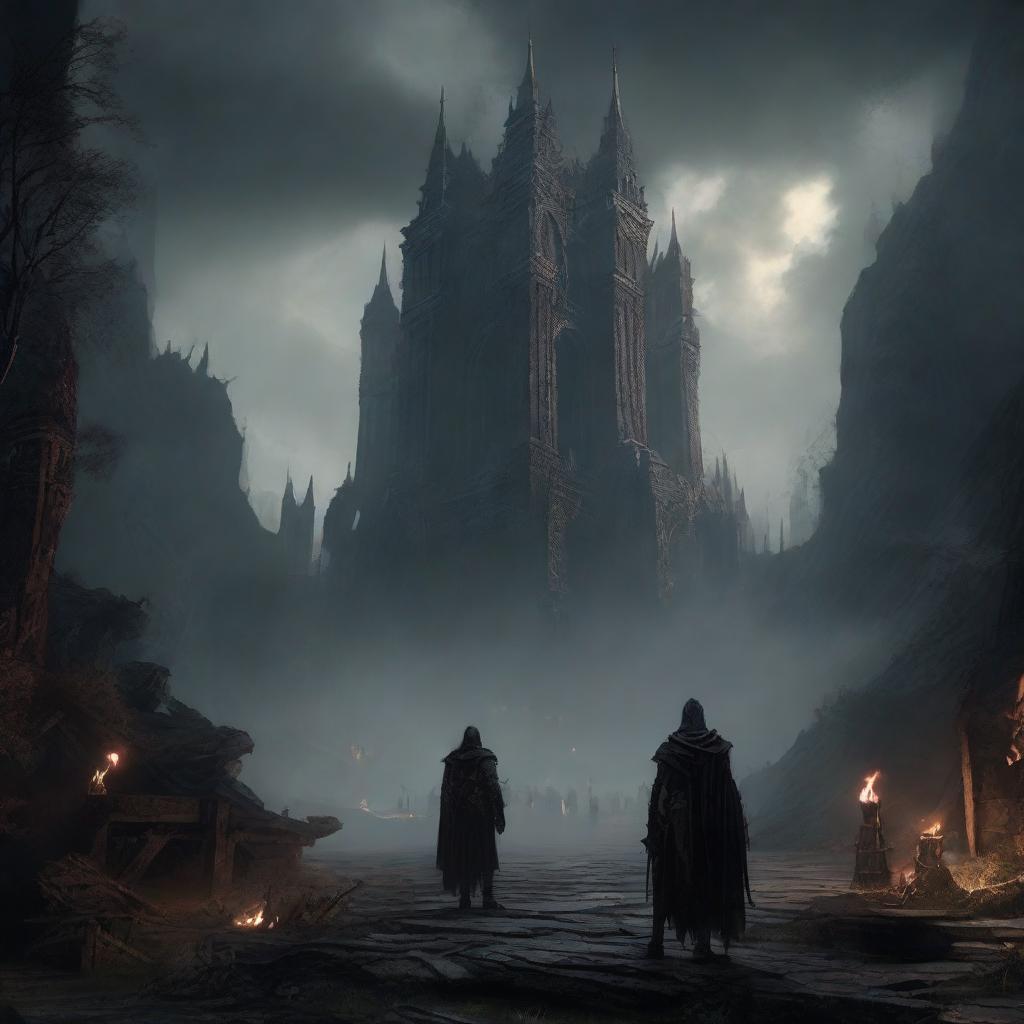 An immersive and atmospheric scene depicting Elden Ring, highlighting its mysterious, dark fantasy setting and unique characters.