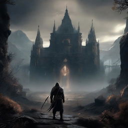 An immersive and atmospheric scene depicting Elden Ring, highlighting its mysterious, dark fantasy setting and unique characters.