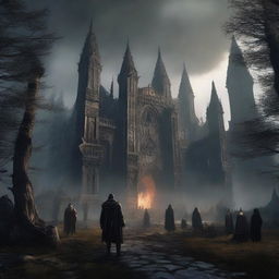 An immersive and atmospheric scene depicting Elden Ring, highlighting its mysterious, dark fantasy setting and unique characters.