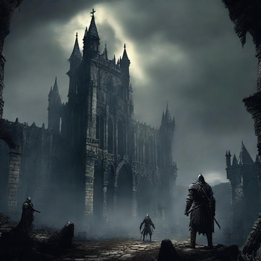 A gloomy and haunting depiction of the Dark Souls' game world, exhibiting detailed gothic architecture and shadowy figures in armour.