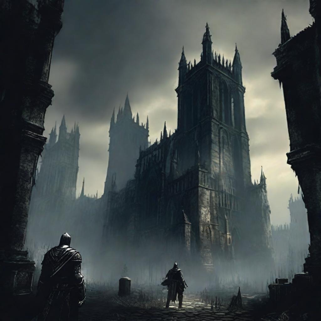 A gloomy and haunting depiction of the Dark Souls' game world, exhibiting detailed gothic architecture and shadowy figures in armour.